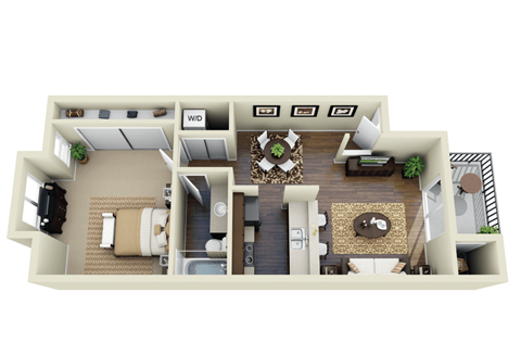 Floor plan for 1 bed, 1 bath, 739 sqft